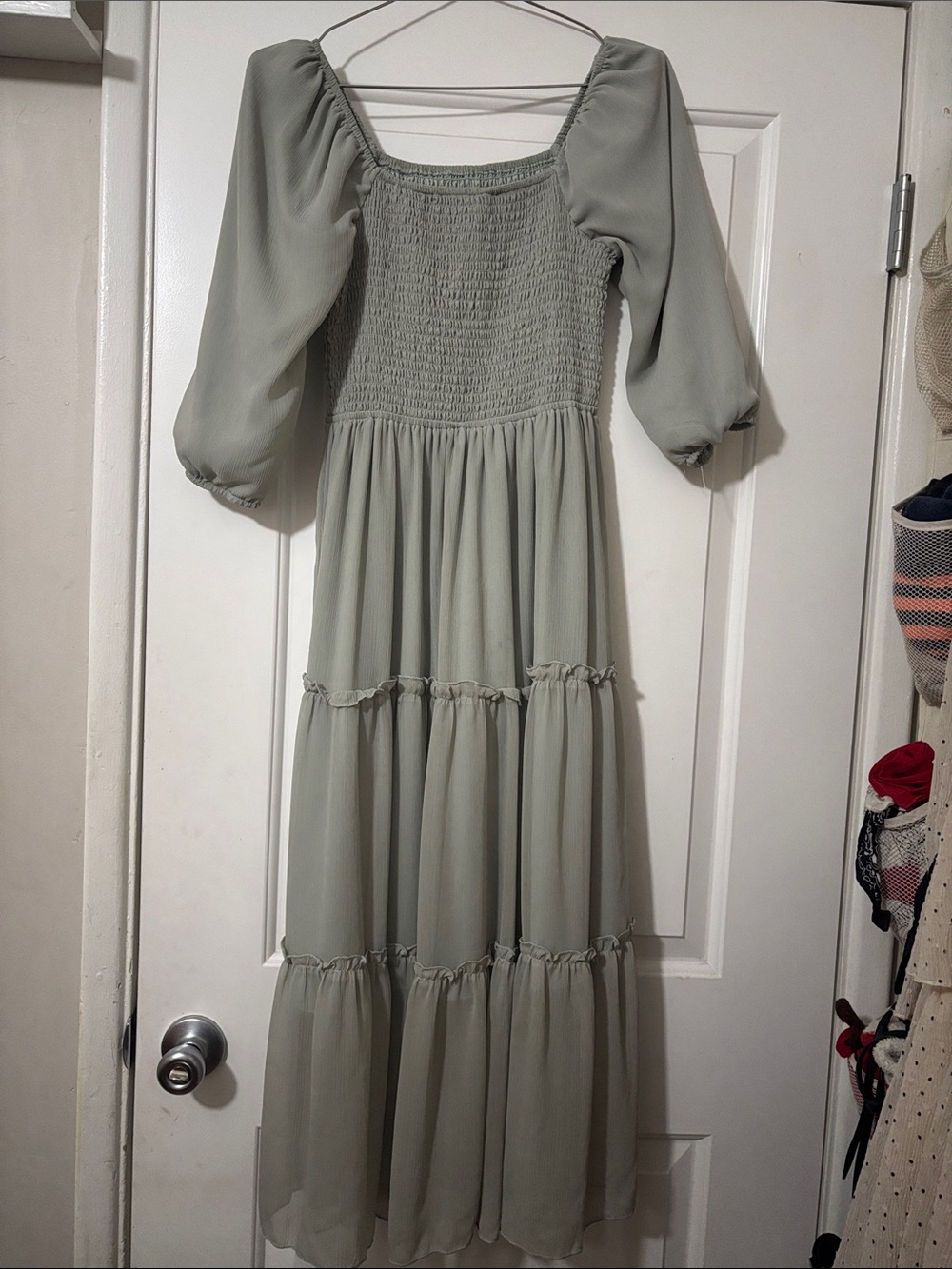 Smocked Square-Neck Sage Green Maxi Dress